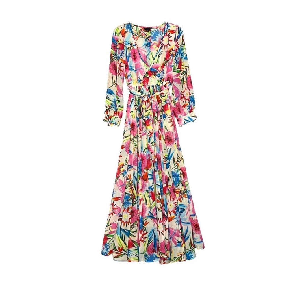 Haoduoyi Maxi Dress Womens M Multicolor Excellent Floral Tropical V-Neck Belted